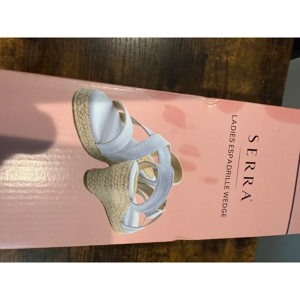 Serra Ladies Espadrille Wedge Sandals Light Blue Jute Heel Size 10 NEW